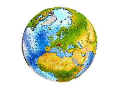 Avusturya Earth 3d modeli ülke sınırları ve okyanuslardaki su ile. 3d illüstrasyon izole beyaz arka plan üzerinde.