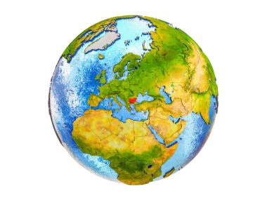 Bulgaristan ülke sınırları ve okyanuslardaki su Dünya'nın 3d model üzerinde. 3d illüstrasyon izole beyaz arka plan üzerinde.