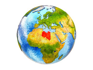 Libya ülke sınırları ve okyanuslardaki su Dünya'nın 3d model üzerinde. 3d illüstrasyon izole beyaz arka plan üzerinde.