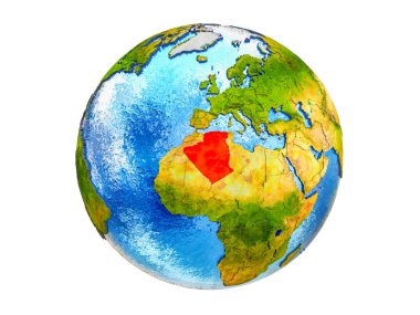 Cezayir Dünya'nın 3d modelle ülke sınırları ve okyanuslardaki su üzerinde. 3d illüstrasyon izole beyaz arka plan üzerinde.