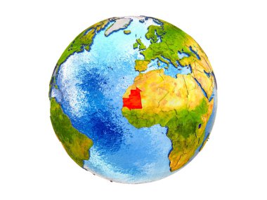 Moritanya ile Earth 3d model ülke sınırları ve okyanuslardaki su ile. 3d illüstrasyon izole beyaz arka plan üzerinde.