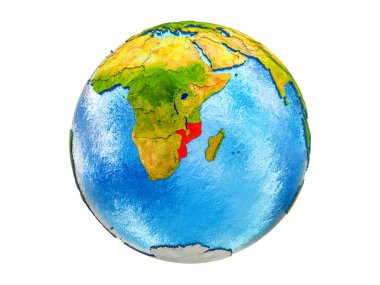 Mozambik Earth 3d modeli ülke sınırları ve okyanuslardaki su ile. 3d illüstrasyon izole beyaz arka plan üzerinde.