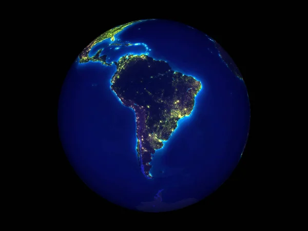 Sudamérica Planeta Tierra Por Noche Desde Espacio Ilustración Aislada Sobre — Foto de Stock