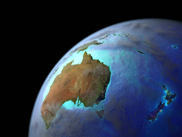 Australia on Earth from space. Very fine detail of planet surface, realistic clouds and very bright city lights. 3D illustration. Elements of this image furnished by NASA.