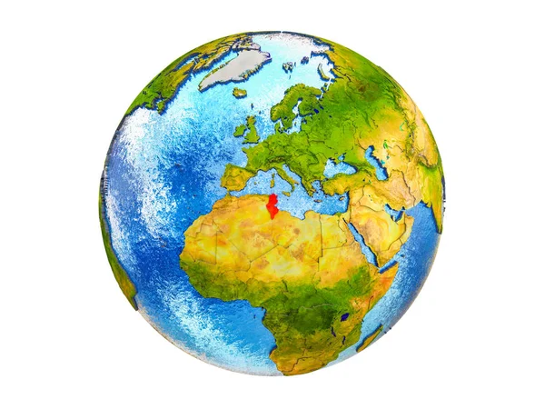 Tunus Dünya'nın 3d modelle ülke sınırları ve okyanuslardaki su üzerinde. 3d illüstrasyon izole beyaz arka plan üzerinde.