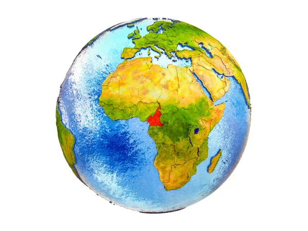 Kamerun Pada Model Bumi Dengan Batas Negara Dan Air Lautan — Stok Foto