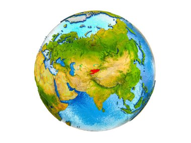 Kırgızistan Earth 3d modeli ülke sınırları ve okyanuslardaki su ile. 3d illüstrasyon izole beyaz arka plan üzerinde.