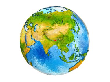 Bhutan Earth 3d modeli ülke sınırları ve okyanuslardaki su ile. 3d illüstrasyon izole beyaz arka plan üzerinde.