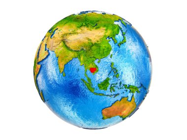 Kamboçya Earth 3d modeli ülke sınırları ve okyanuslardaki su ile. 3d illüstrasyon izole beyaz arka plan üzerinde.