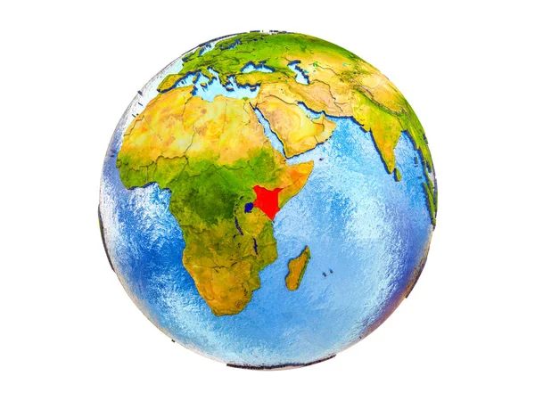 Kenya Pada Model Bumi Dengan Perbatasan Negara Dan Air Lautan — Stok Foto
