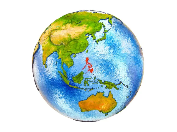 Philippines on 3D model of Earth with country borders and water in oceans. 3D illustration isolated on white background.