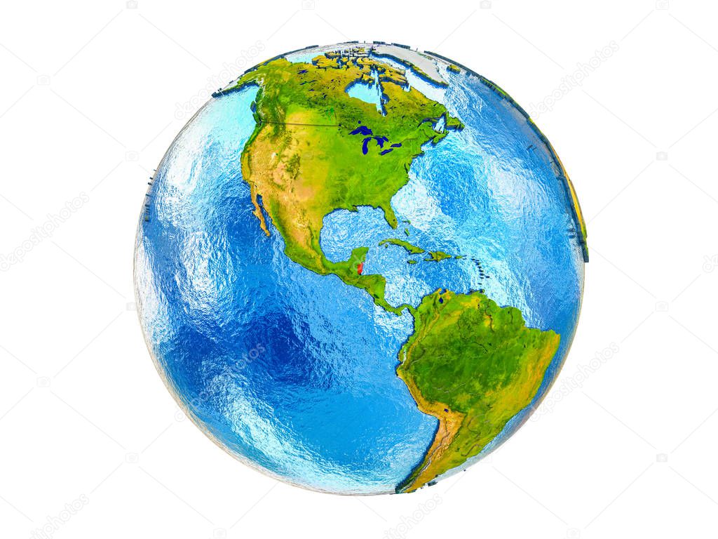 Belize on 3D model of Earth with country borders and water in oceans. 3D illustration isolated on white background.