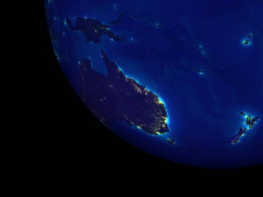 Avustralya gece uzaydan. Dünya yüzeyinin çok parlak şehir ışıkları ile çok yüksek detay. 3D çizim. Nasa tarafından döşenmiş bu görüntü unsurları.