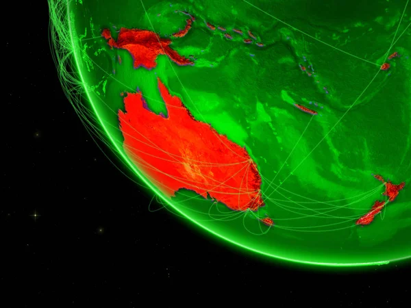 Australia on green Earth with network. Concept of connectivity, internet or telecommunications. May also represent air traffic. 3D illustration. Elements of this image furnished by NASA.