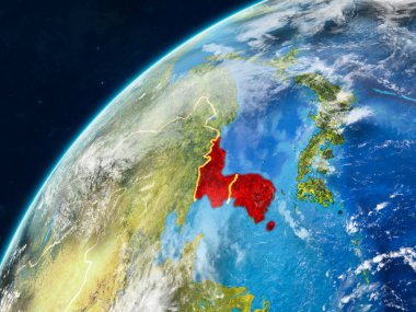 Kore gerçekçi bir model ülke sınırları ve çok detaylı gezegenin yüzey ve bulutlar Dünya gezegeni üzerinde. 3D çizim. Nasa tarafından döşenmiş bu görüntü unsurları.