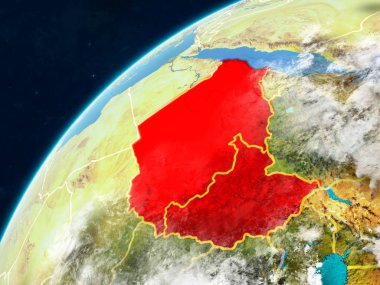 Eski Sudan gerçekçi bir model ülke sınırları ve çok detaylı gezegenin yüzey ve bulutlar Dünya gezegeni üzerinde. 3D çizim. Nasa tarafından döşenmiş bu görüntü unsurları.