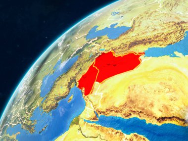 İslam devleti gerçekçi bir model ülke sınırları ve çok detaylı gezegenin yüzey ve bulutlar Dünya gezegeni üzerinde. 3D çizim. Nasa tarafından döşenmiş bu görüntü unsurları.