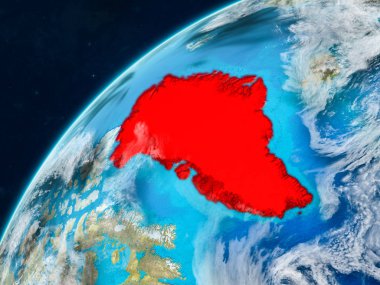 Grönland gerçekçi bir model ülke sınırları ve çok detaylı gezegenin yüzey ve bulutlar Dünya gezegeni üzerinde. 3D çizim. Nasa tarafından döşenmiş bu görüntü unsurları.