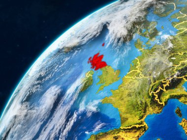 İskoçya gerçekçi bir model ülke sınırları ve çok detaylı gezegenin yüzey ve bulutlar Dünya gezegeni üzerinde. 3D çizim. Nasa tarafından döşenmiş bu görüntü unsurları.