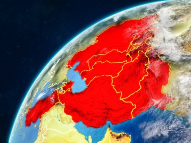 Eko üye devletler gerçekçi bir model ülke sınırları ve çok detaylı gezegenin yüzey ve bulutlar Dünya gezegeni üzerinde. 3D çizim. Nasa tarafından döşenmiş bu görüntü unsurları.