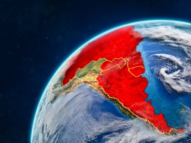 Mercosur memebers gerçekçi bir model ülke sınırları ve çok detaylı gezegenin yüzey ve bulutlar Dünya gezegeni üzerinde. 3D çizim. Nasa tarafından döşenmiş bu görüntü unsurları.