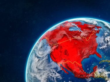 NAFTA ülkeleri gerçekçi bir model ülke sınırları ve çok detaylı gezegenin yüzey ve bulutlar Dünya gezegeni üzerinde. 3D çizim. Nasa tarafından döşenmiş bu görüntü unsurları.