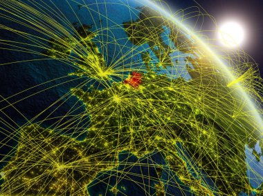 Hollanda gerçekçi modeli bir ağ ile dünya gezegeni uzaydan. Dijital teknoloji, bağlantılar ve seyahat kavramı. 3D çizim. Nasa tarafından döşenmiş bu görüntü unsurları.