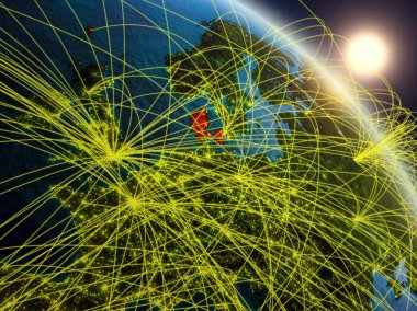 Danimarka gerçekçi modeli bir ağ ile dünya gezegeni uzaydan. Dijital teknoloji, bağlantılar ve seyahat kavramı. 3D çizim. Nasa tarafından döşenmiş bu görüntü unsurları.