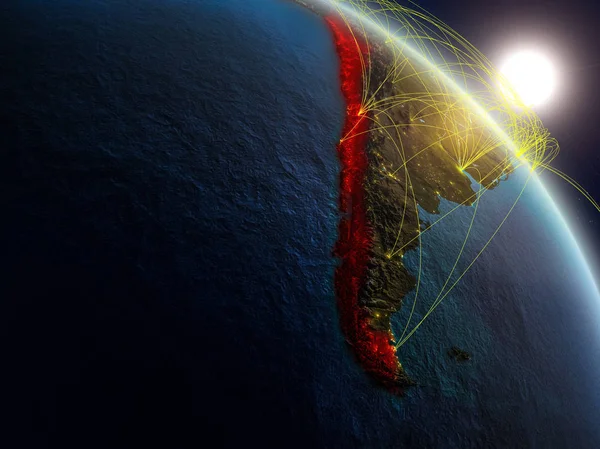 Chile Från Rymden Realistisk Modell Planeten Jorden Med Nätverk Begreppet — Stockfoto