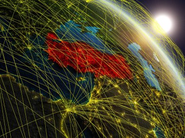 Gerçekçi modeli bir ağ ile dünya gezegeni uzaydan Türkiye. Dijital teknoloji, bağlantılar ve seyahat kavramı. 3D çizim. Nasa tarafından döşenmiş bu görüntü unsurları.