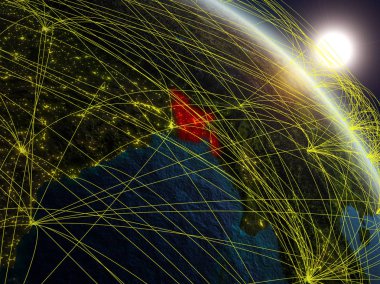 Bangladeş gerçekçi modeli bir ağ ile dünya gezegeni uzaydan. Dijital teknoloji, bağlantılar ve seyahat kavramı. 3D çizim. Nasa tarafından döşenmiş bu görüntü unsurları.