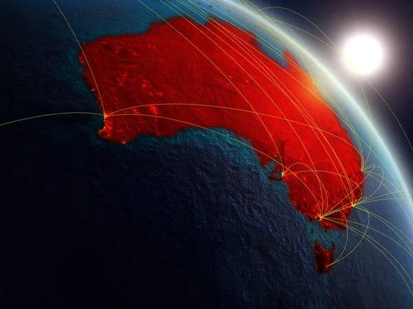 オーストラリア ネットワークと地球の現実的なモデル上の領域から デジタル技術 接続および旅行のコンセプトです イラスト Nasa から提供されたこのイメージの要素 — ストック写真
