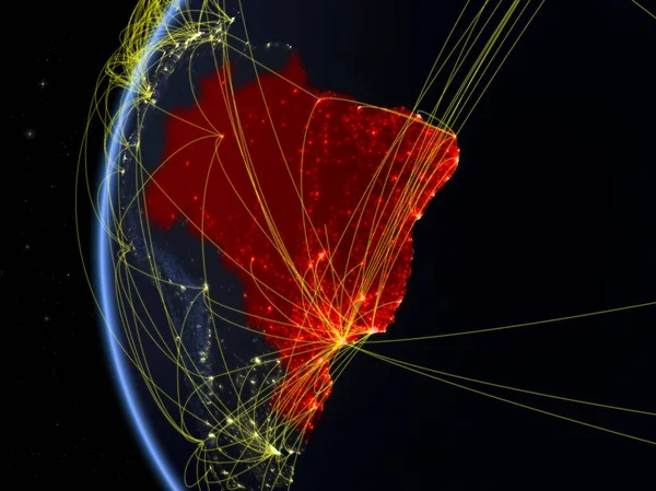 Brasil Desde Espacio Modelo Tierra Noche Con Red Internacional Concepto —  Fotos de Stock