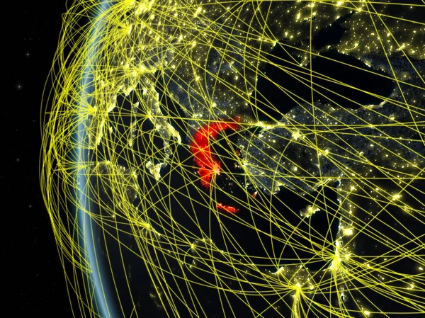 Grecja Kosmosu Model Ziemi Nocy Międzynarodowej Sieci Koncepcja Komunikacji Cyfrowej — Zdjęcie stockowe