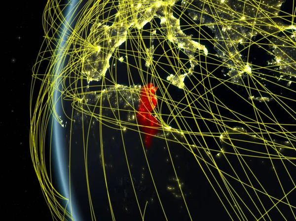 Tunísia Espaço Modelo Terra Noite Com Rede Internacional Conceito Comunicação — Fotografia de Stock