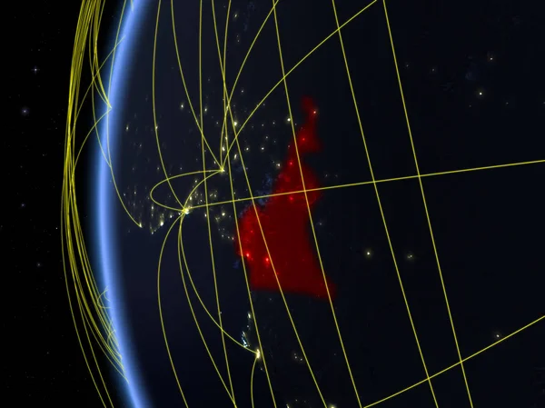 Камерун Космоса Модели Земли Ночью Международной Сетью Концепция Цифровой Коммуникации — стоковое фото