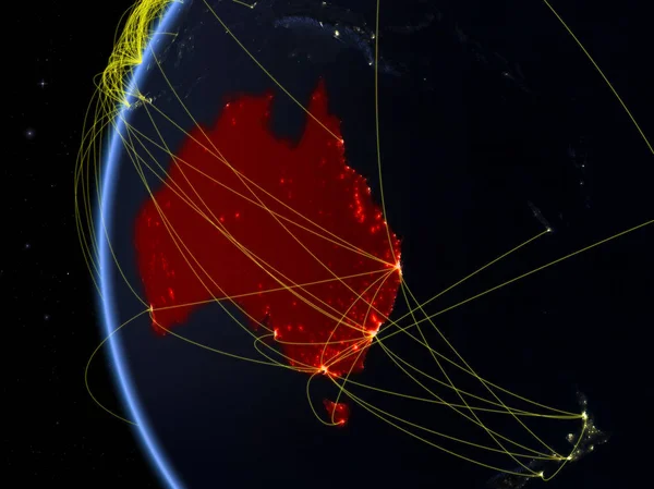 Australia from space on model of Earth at night with international network. Concept of digital communication or travel. 3D illustration. Elements of this image furnished by NASA.