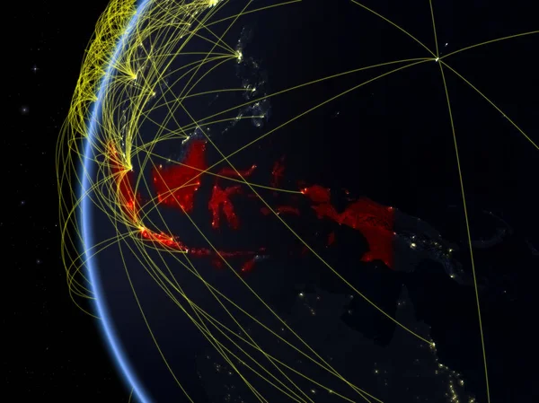 Indonesien Från Rymden Modell Jorden Natten Med Internationella Nätverk Begreppet — Stockfoto