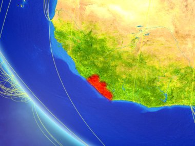 Liberya Planet Earth ağ ile uzaydan. Uluslararası iletişim, teknoloji ve seyahat kavramı. 3D çizim. Nasa tarafından döşenmiş bu görüntü unsurları.
