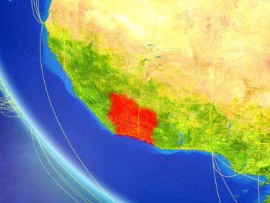 Fildişi Sahili Planet Earth ağ ile uzaydan. Uluslararası iletişim, teknoloji ve seyahat kavramı. 3D çizim. Nasa tarafından döşenmiş bu görüntü unsurları.