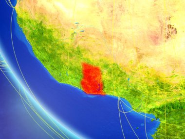 Gana Planet Earth ağ ile uzaydan. Uluslararası iletişim, teknoloji ve seyahat kavramı. 3D çizim. Nasa tarafından döşenmiş bu görüntü unsurları.