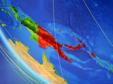 Papua Yeni Gine Planet Earth ağ ile uzaydan. Uluslararası iletişim, teknoloji ve seyahat kavramı. 3D çizim. Nasa tarafından döşenmiş bu görüntü unsurları.