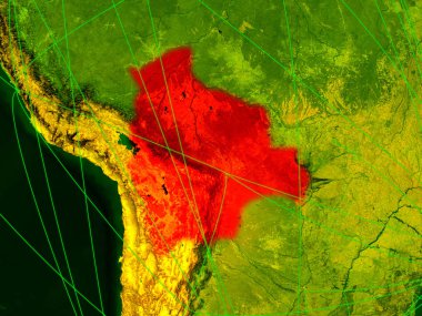 Bolivya ağları ile dijital harita üzerinde. Uluslararası seyahat, iletişim ve teknoloji kavramı. 3D çizim. Nasa tarafından döşenmiş bu görüntü unsurları.