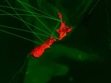 Yeni Zelanda ağları ile dijital harita üzerinde. Uluslararası seyahat, iletişim ve teknoloji kavramı. 3D çizim. Nasa tarafından döşenmiş bu görüntü unsurları.