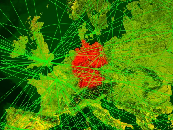 Germany on digital map with networks. Concept of international travel, communication and technology. 3D illustration. Elements of this image furnished by NASA.