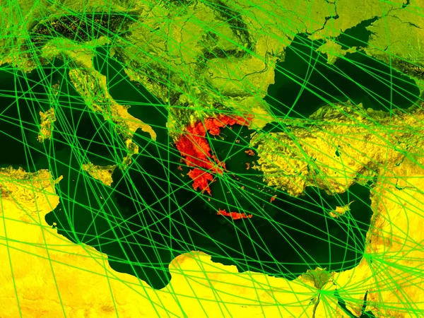 Greece on digital map with networks. Concept of international travel, communication and technology. 3D illustration. Elements of this image furnished by NASA.