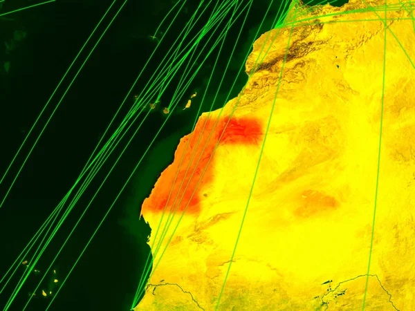 Western Sahara on digital map with networks. Concept of international travel, communication and technology. 3D illustration. Elements of this image furnished by NASA.