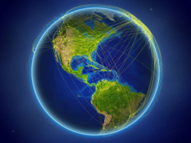 Jamaika Planet Earth dijital ağ temsil eden uluslararası iletişim, teknoloji ve seyahat ile uzaydan. 3D çizim. Nasa tarafından döşenmiş bu görüntü unsurları.