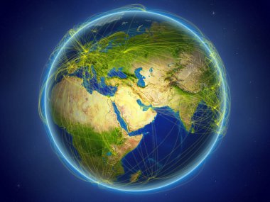 Kuveyt Planet Earth dijital ağ temsil eden uluslararası iletişim, teknoloji ve seyahat ile uzaydan. 3D çizim. Nasa tarafından döşenmiş bu görüntü unsurları.