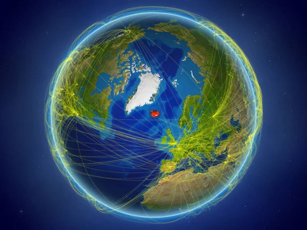 Iceland from space on planet Earth with digital network representing international communication, technology and travel. 3D illustration. Elements of this image furnished by NASA.